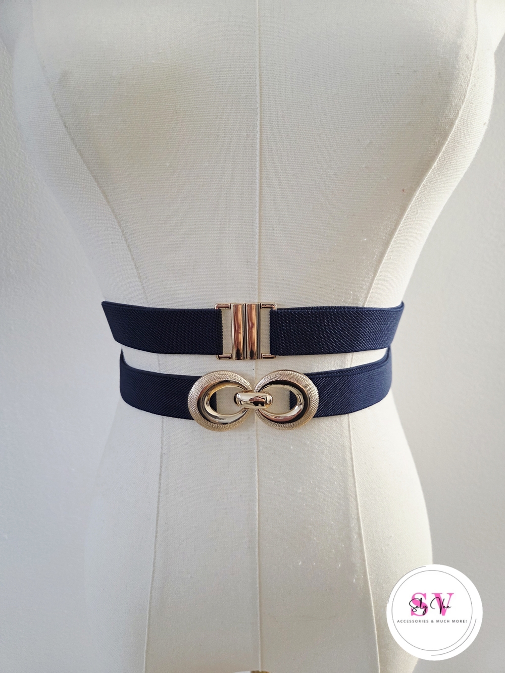 Bundle of 2 elastic navy blue belts with gold buckle